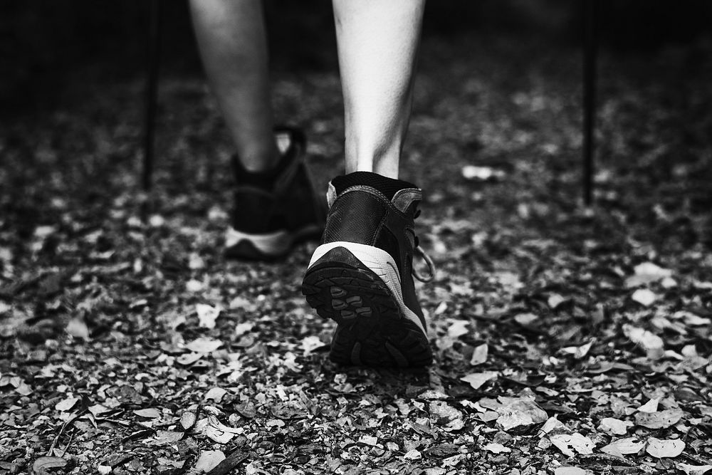 Close-up image of woman wearing trekking shoes