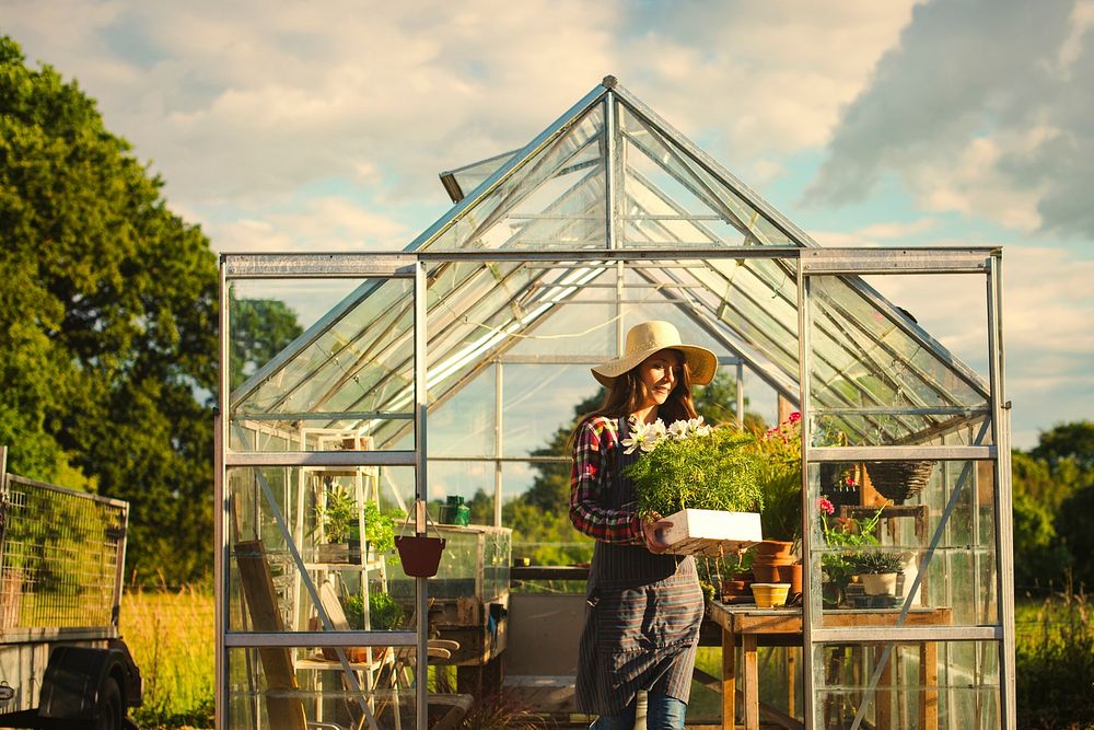 Woman gardening in a greenhouse