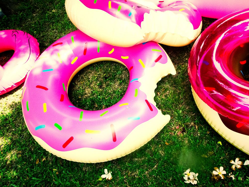 Closeup of inflatable pink donuts