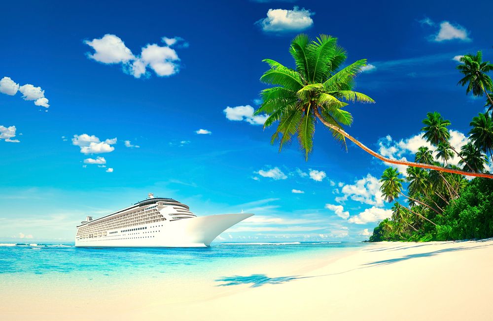 3D cruise ship at a tropical beach
