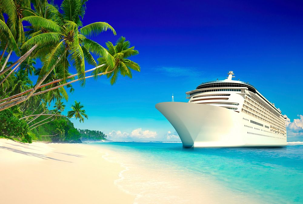 3D cruise ship at a tropical beach