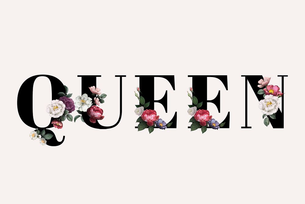 Floral queen word typography on a beige background