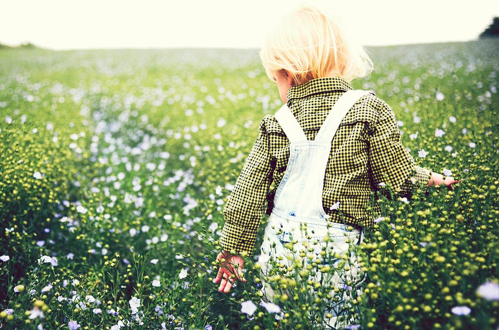 Boy playing in a field of flowers