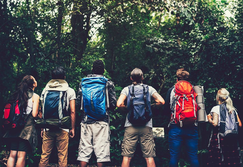 Friends with backpacks in the forest