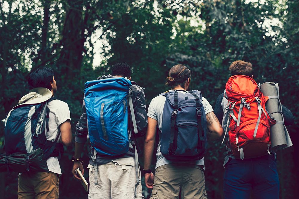 Friends with backpacks in the forest