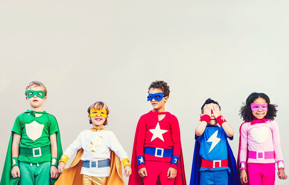 Colorful superhero kids with superpowers