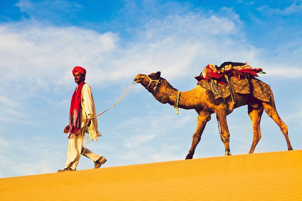 Indian man walking through the desert with his camel