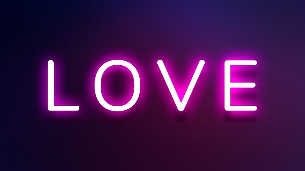 Glowing LOVE neon typography on a purple background