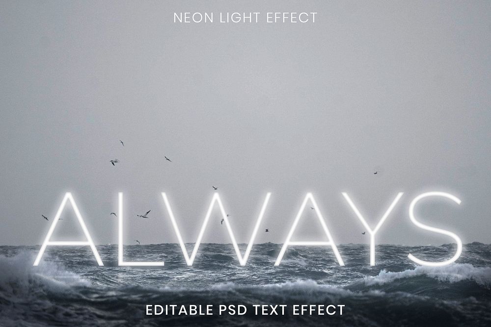 ALWAYS white neon word editable psd text effect