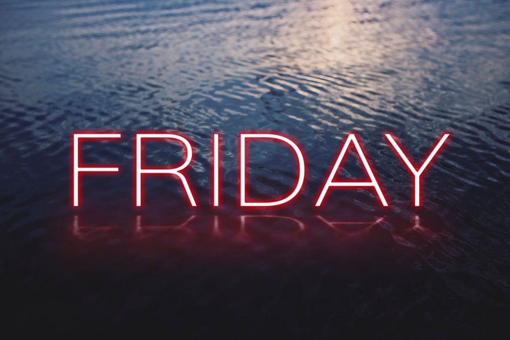 Psd FRIDAY red neon word typography on sea background