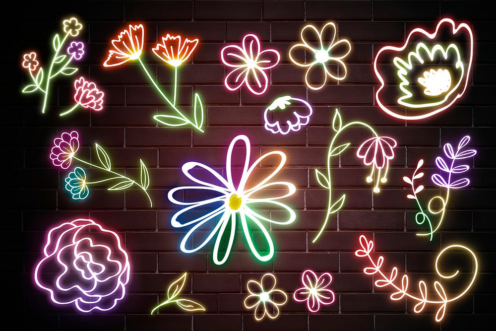 Neon wild flowers psd glowing botanical doodle mixed