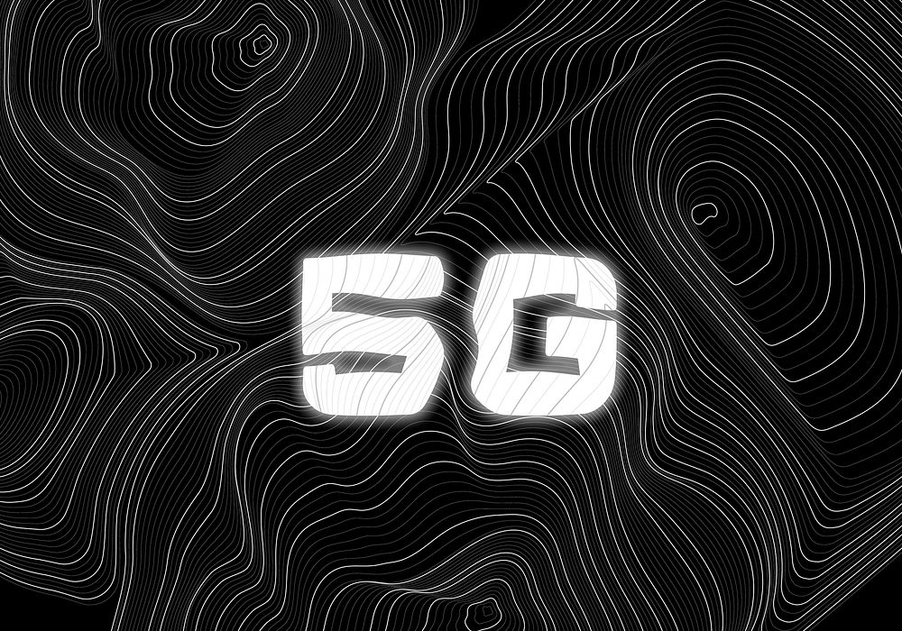 White neon 5G word topographic typography on a black background