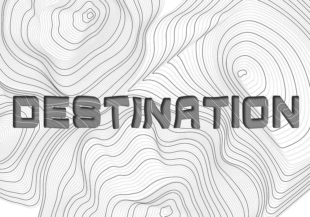 Dark gray destination word typography on a white topographic background