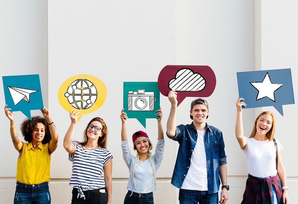 Young diverse friends holding social media icons