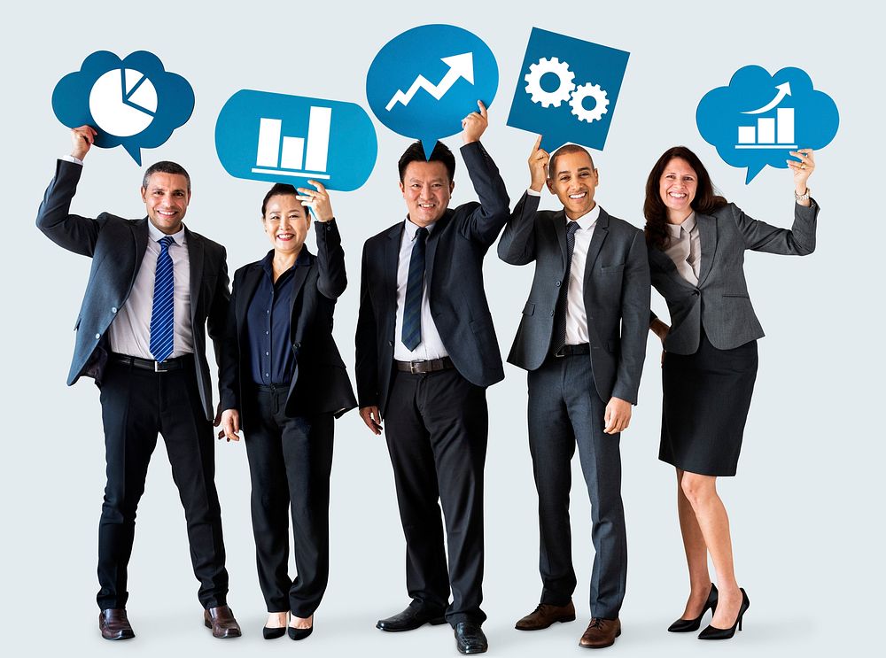 Diverse business people holding speech bubbles with icons
