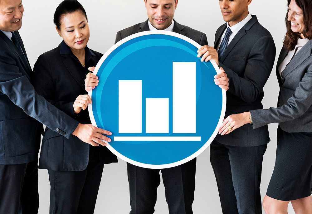 Diverse business people holding a statistics icon