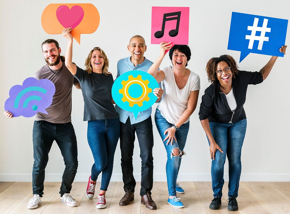 Diverse friends holding social media icons