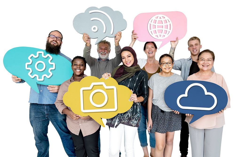Group of diverse people team holding social media icons