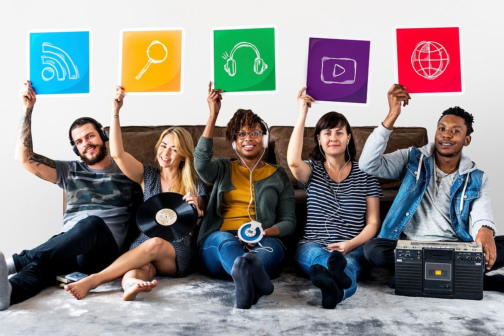 Group of diverse friends holding technology icons