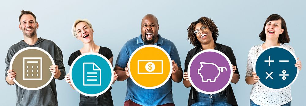 Diverse people holding financial icons