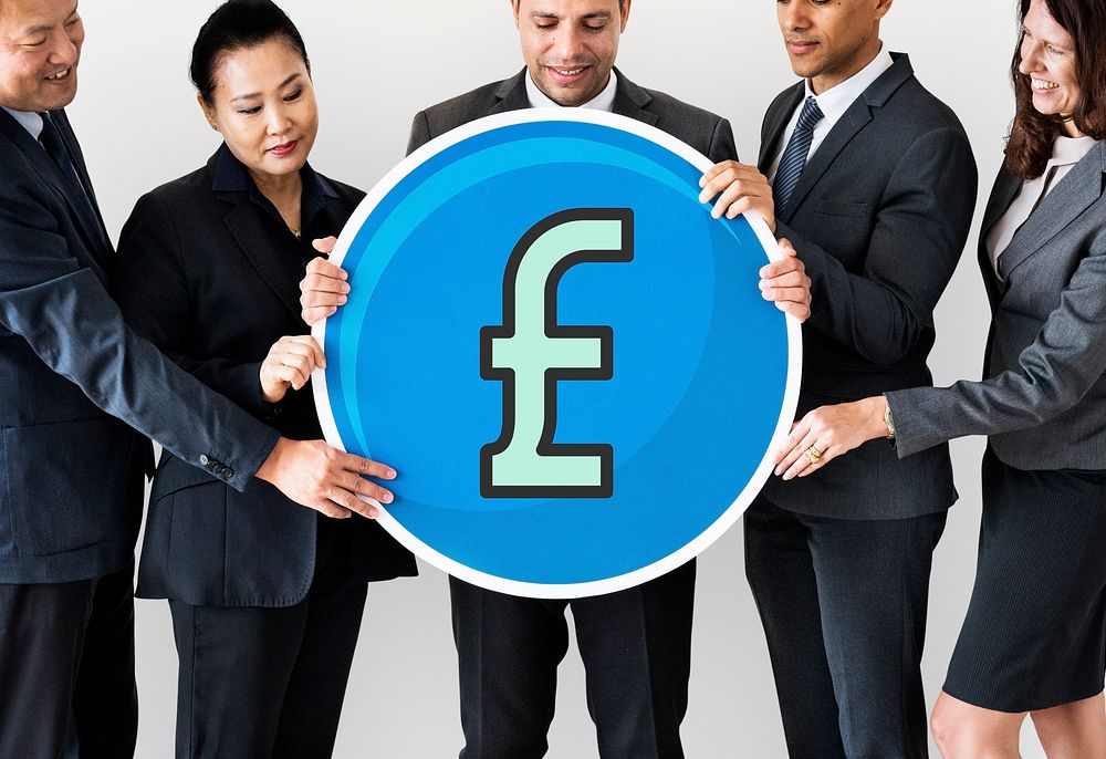 Business people holding pound icon