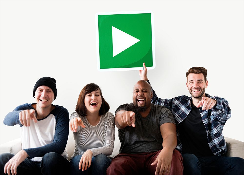 Group of happy friends holding a play button