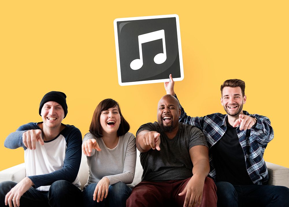 Group of happy friends holding a musical note icon