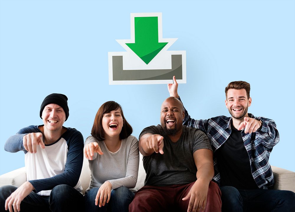 Group of happy friends holding a download button