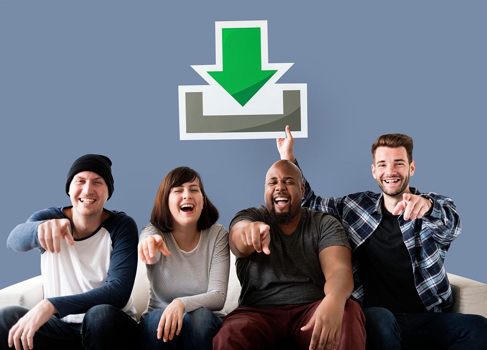 Group of happy friends holding a download button