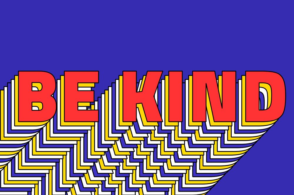 BE KIND layered word retro typography on blue