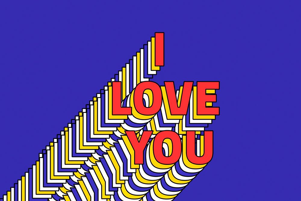 I LOVE YOU layered word retro typography on blue