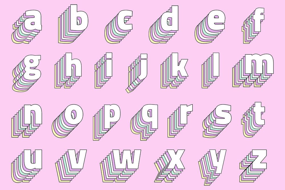 Layered pastel alphabet lowercase psd set typography