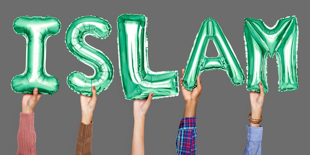 Hands holding Islam word in balloon letters