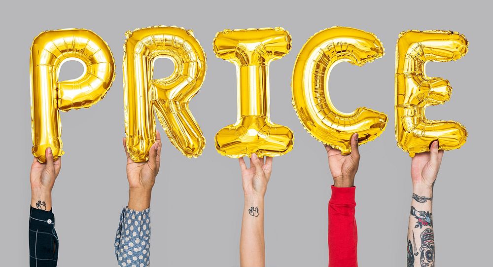 Hands holding price word in balloon letters