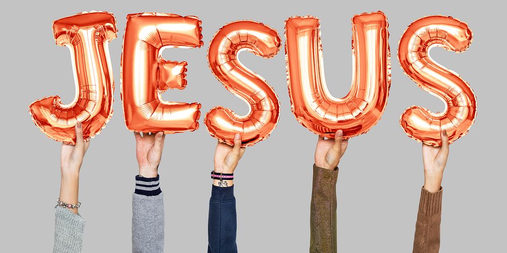 Hands holding Jesus word in balloon letters