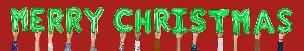 Hands holding Merry Christmas word in balloon letters