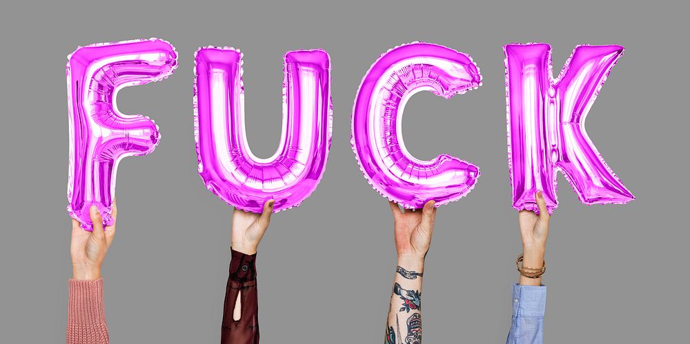 Hands holding fuck word in balloon letters