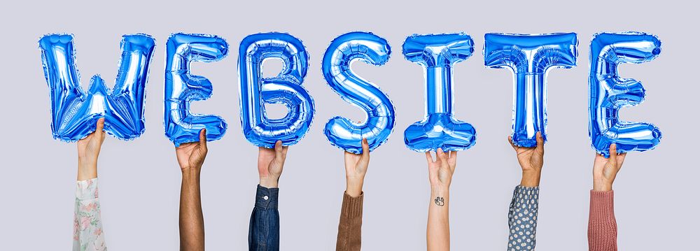 Hands holding website word in balloon letters