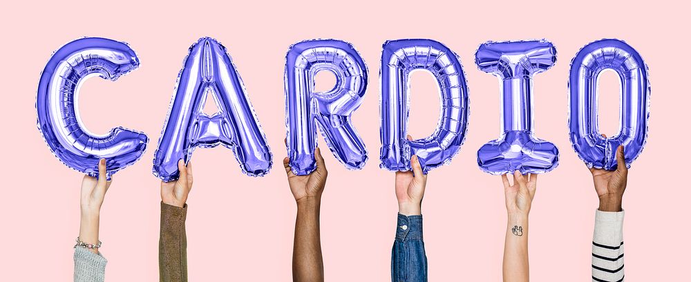 Hands holding cardio word in balloon letters