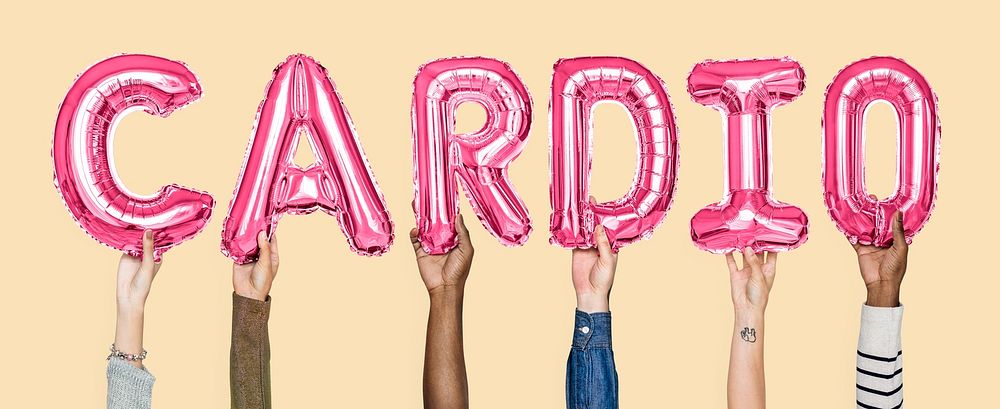 Hands holding cardio word in balloon letters