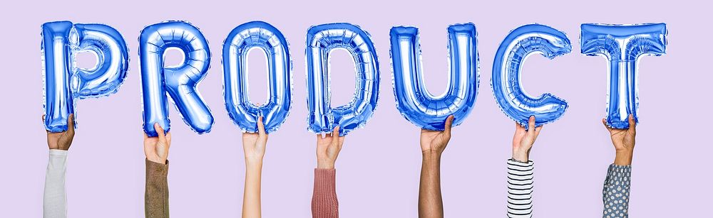 Hands holding product word in balloon letters