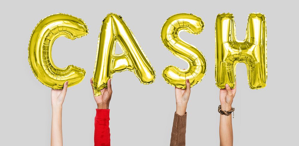 Hands holding cash word in balloon letters