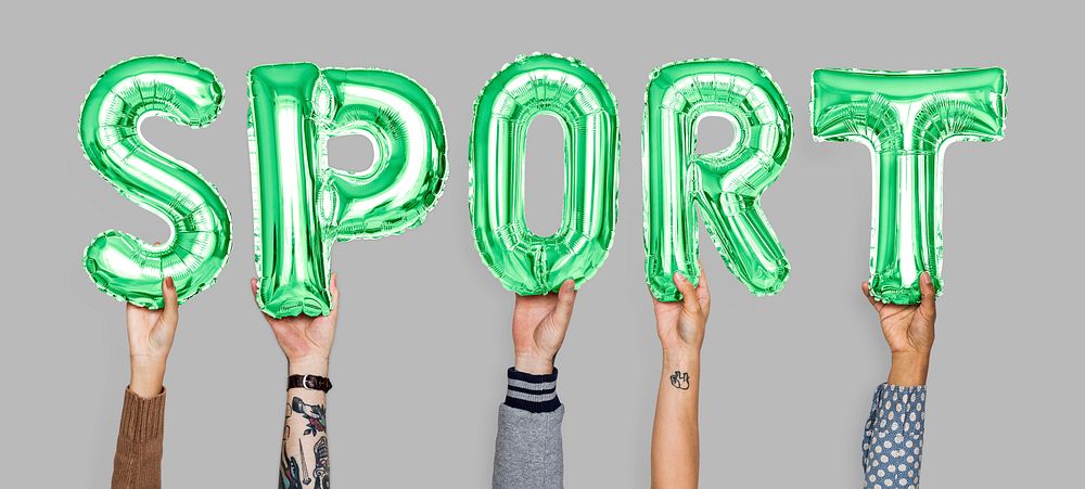 Hands holding sport word in balloon letters