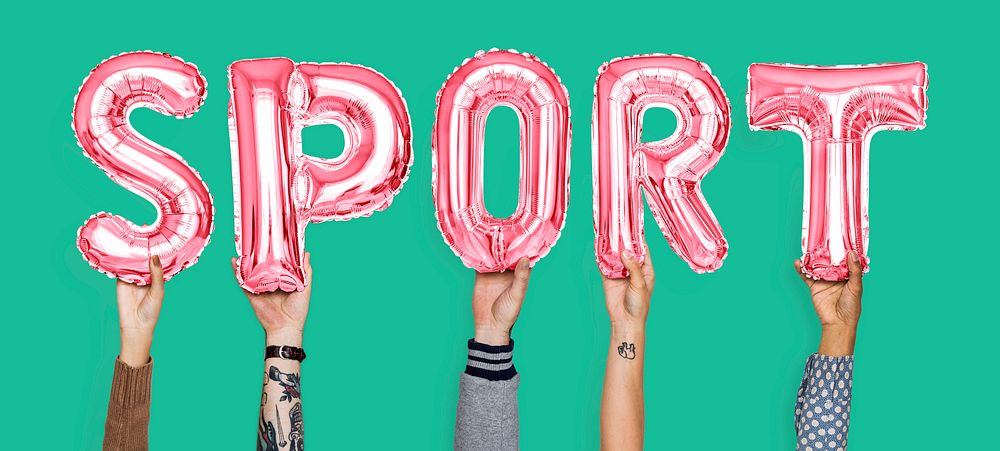 Hands holding sport word in balloon letters