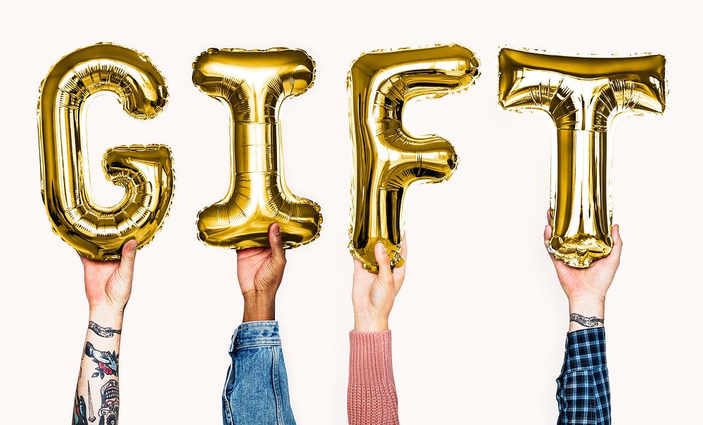 Hands showing gift balloons word
