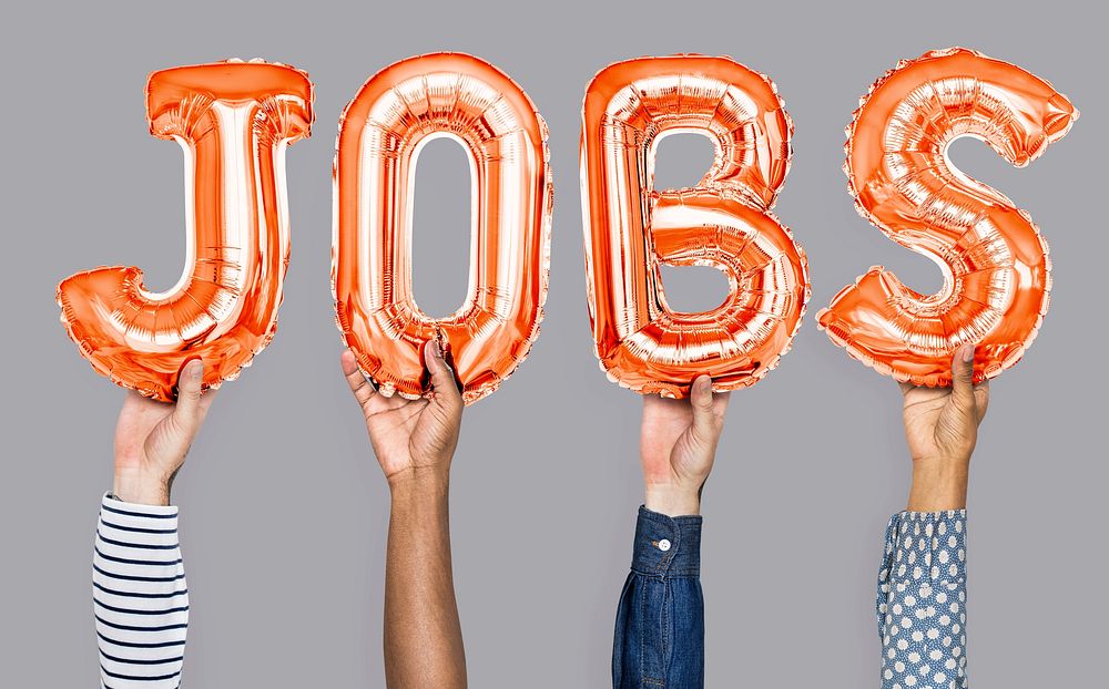 Hands showing jobs balloons word