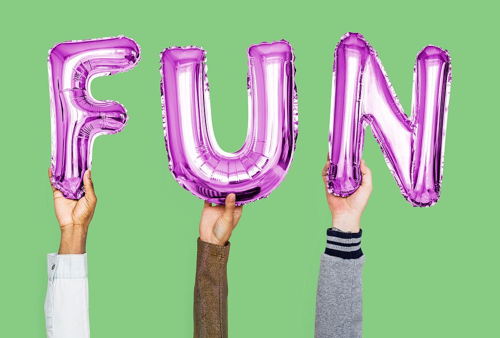 Purple alphabet balloons forming the word fun