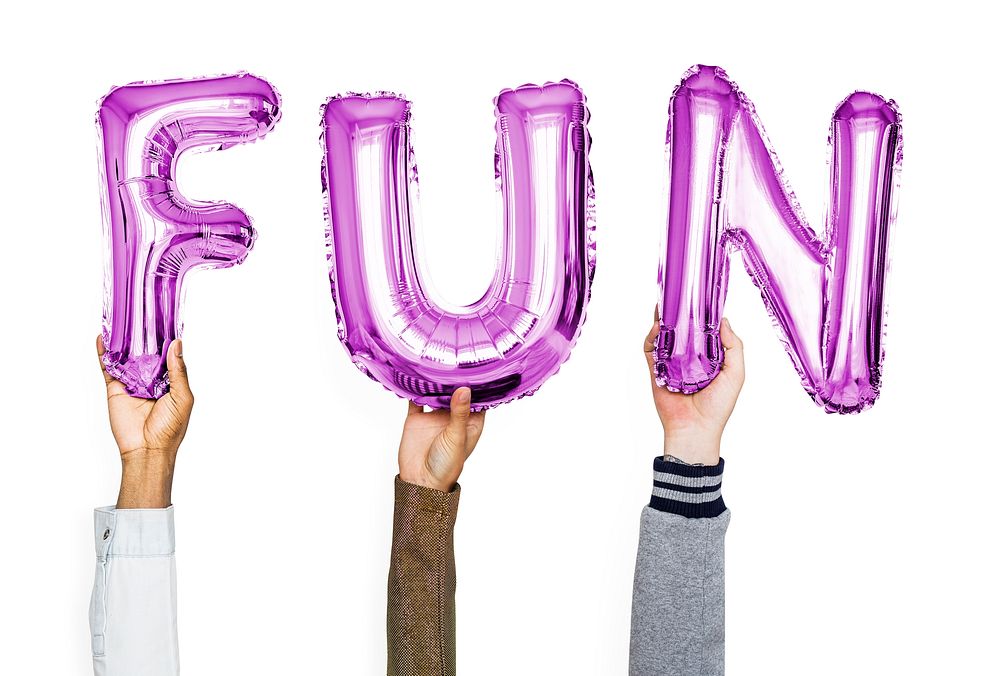 Purple alphabet balloons forming the word fun
