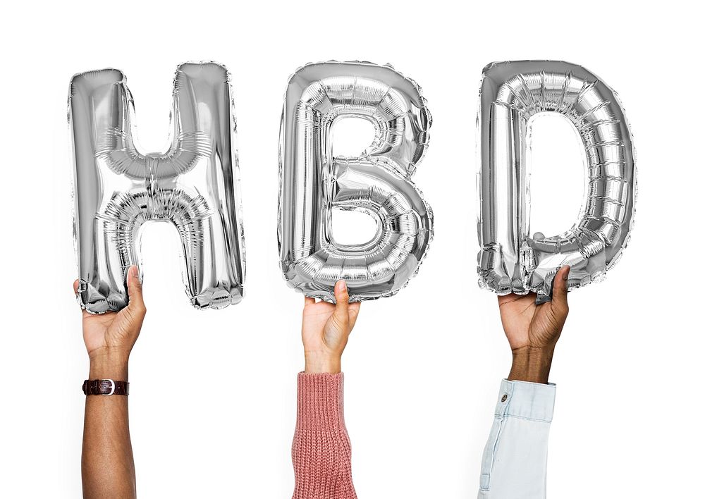Silver gray alphabet balloons forming the word HBD