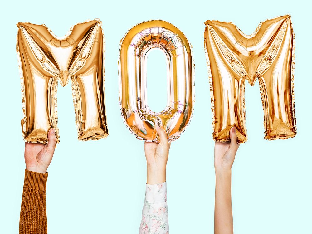 Hands showing mom balloons word